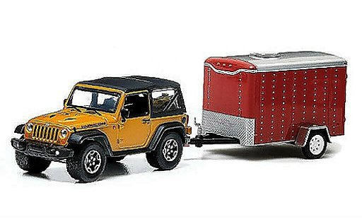 Jeep Wrangler Rubicon 1/64 Greenlight X gelb und 1-Achs-Anhanger 2014 modellautos