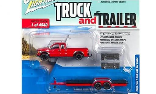 Ford F-250 1/64 Johnny Lightning rot 2004 avec Flatbed remorque sans Vitrine modellautos